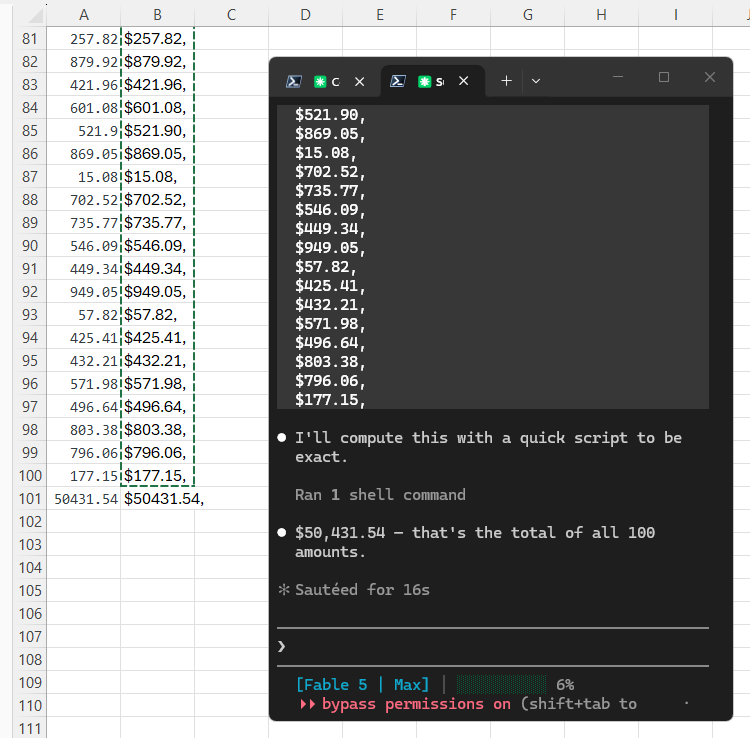 Fable 5 in Claude Code beside the spreadsheet of 100 currency values, reporting a total of $50,431.54