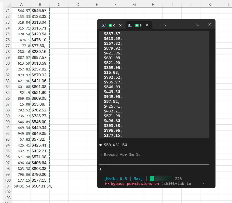 Haiku 4.5 in Claude Code beside the spreadsheet, displaying the result $50,431.54