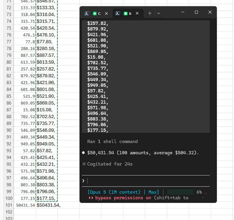 Opus 5 in Claude Code beside the spreadsheet, reporting $50,431.54 for 100 amounts and a $504.32 average
