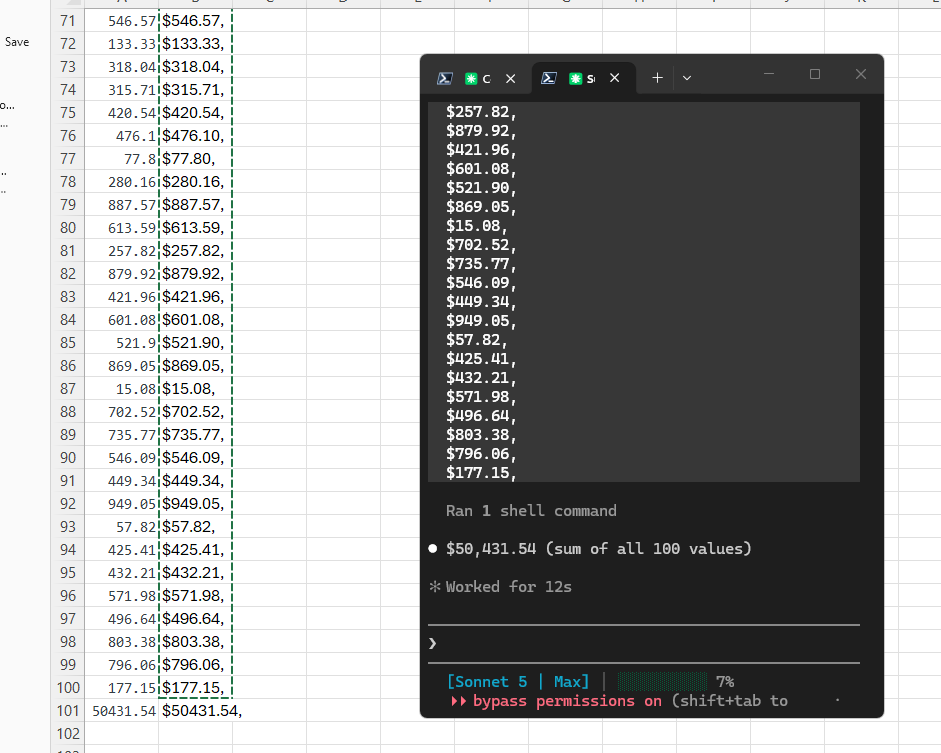 Sonnet 5 in Claude Code beside the spreadsheet of 100 values, reporting a sum of $50,431.54