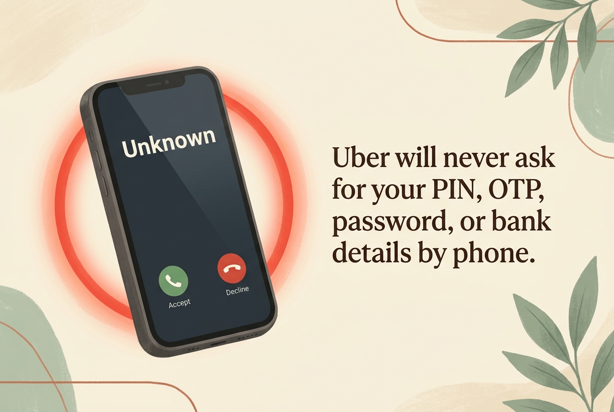 Smartphone showing an incoming call from an unknown caller, with the warning Uber will never ask for your PIN, OTP, password, or bank details by phone.